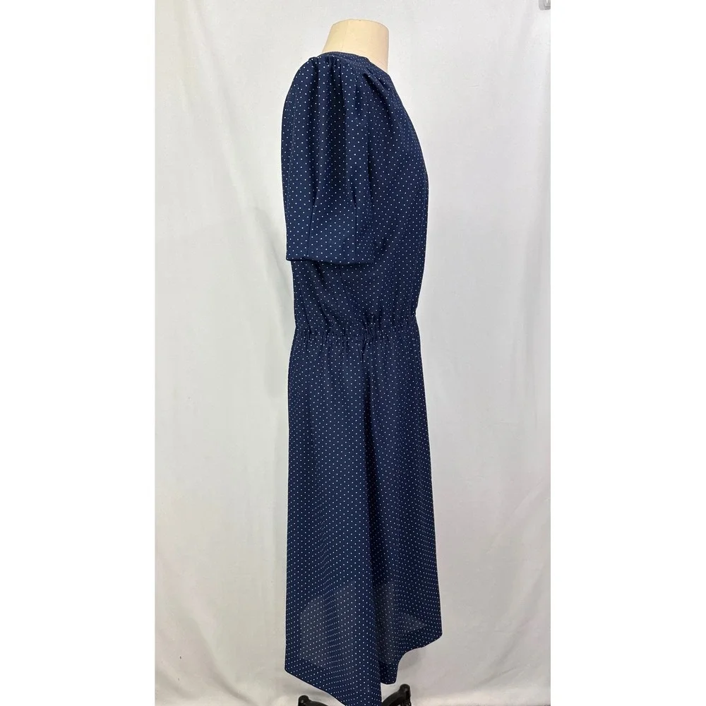 Vintage Navy Blue Polka Dot Midi Dress Short Puff Sleeve Elastic Waist Retro L